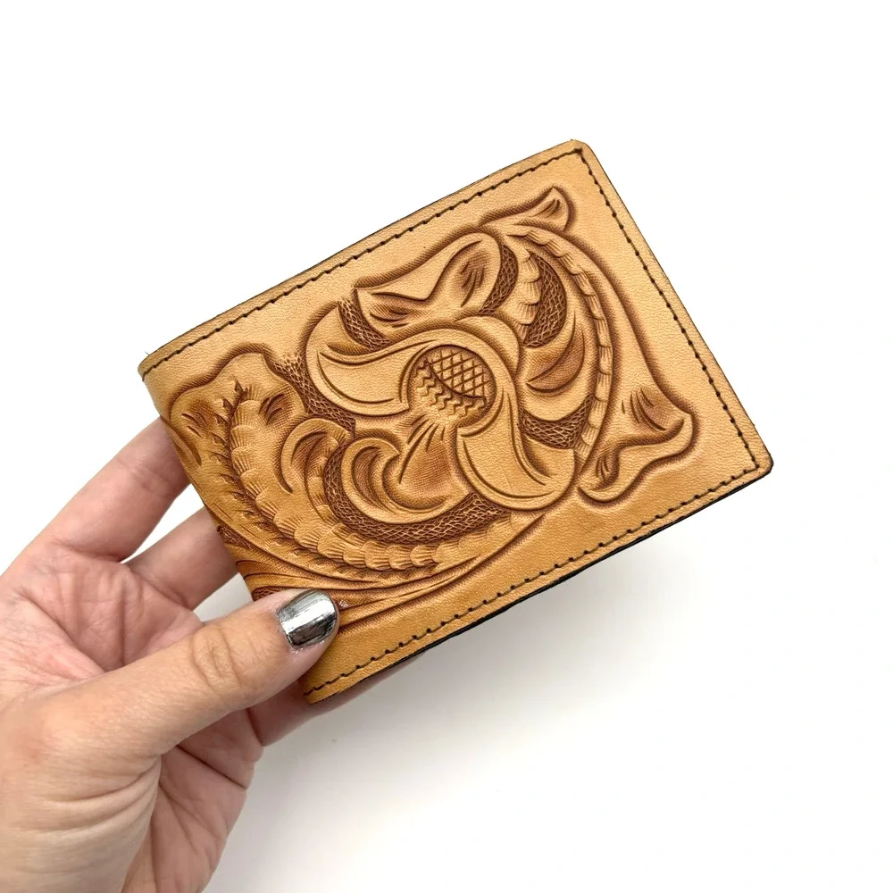Vintage 80s 90s Handmade Floral Tooled Tan Genuine Leather Men's Bifold Wallet